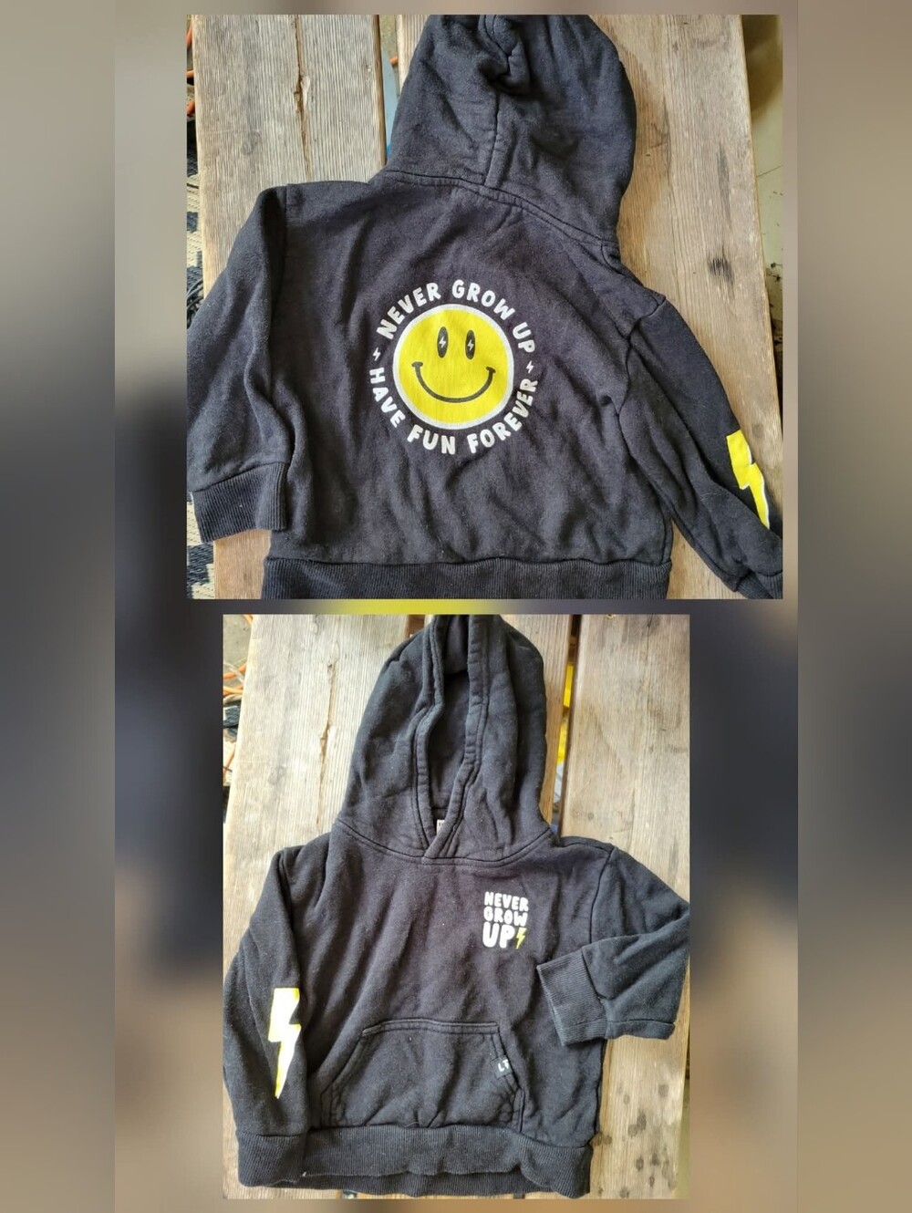 LITTLE TROUBLE SZ 12-18M VGUC BLACK HAPPY FACE BOLT print pullover sweatshirt